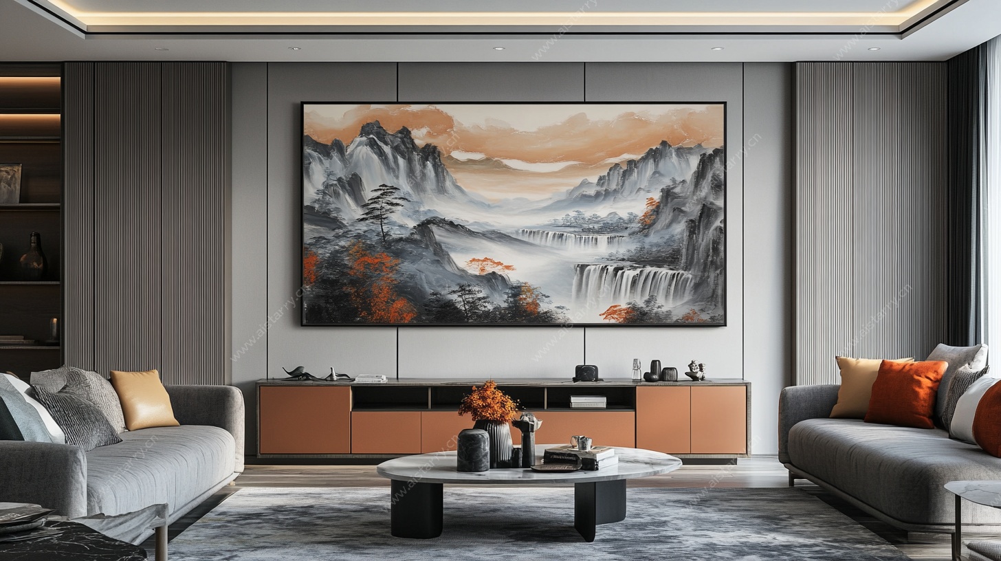 现代客厅中的山水装饰画