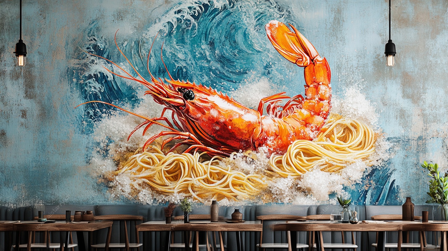 大虾意面壁画餐厅装饰图
