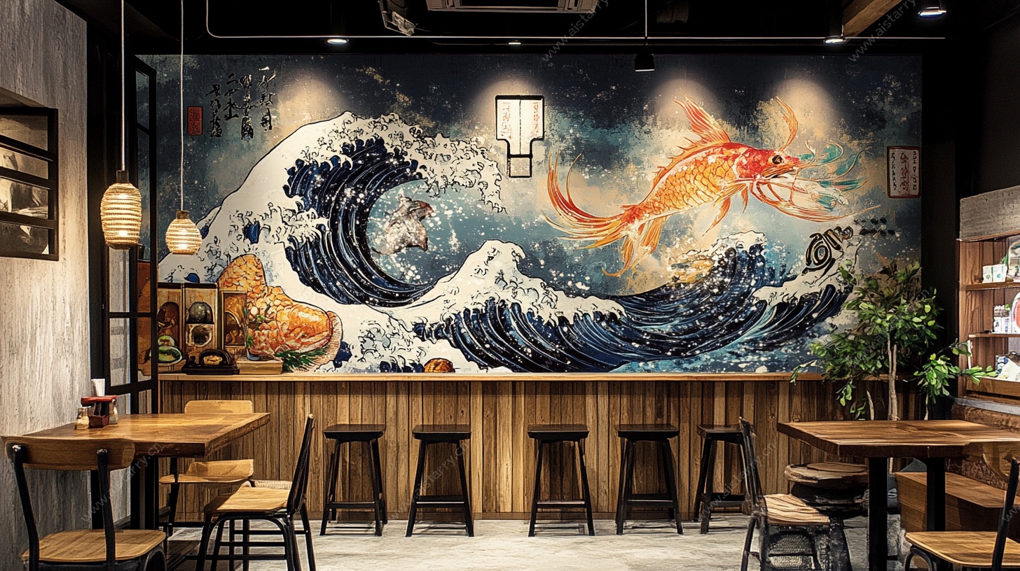 日式餐厅神奈川冲浪里壁画