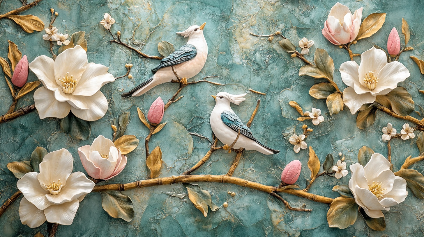 玉兰花枝上的双鸟浮雕