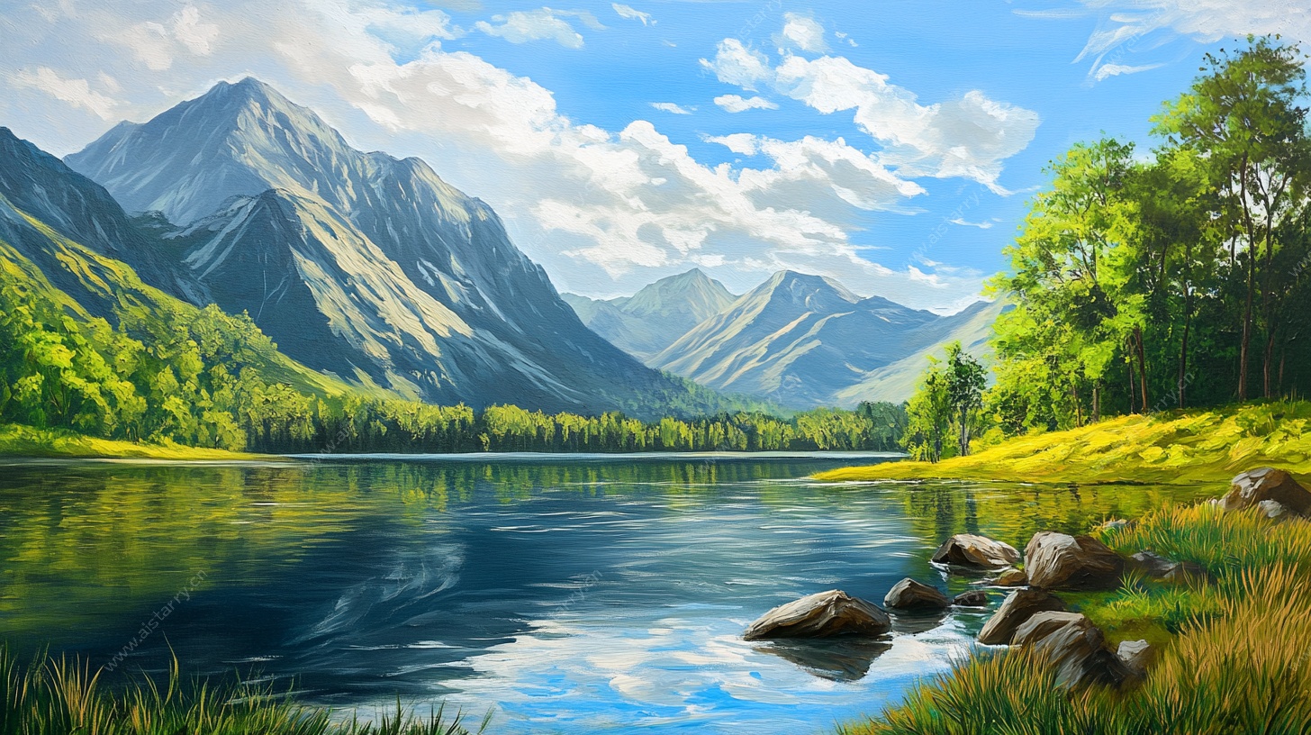 山水湖畔自然风光画