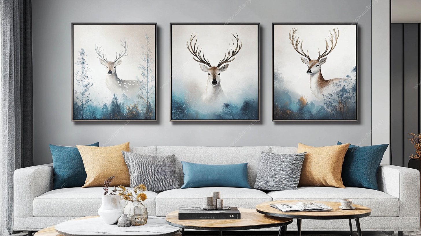 北欧风客厅鹿主题装饰画