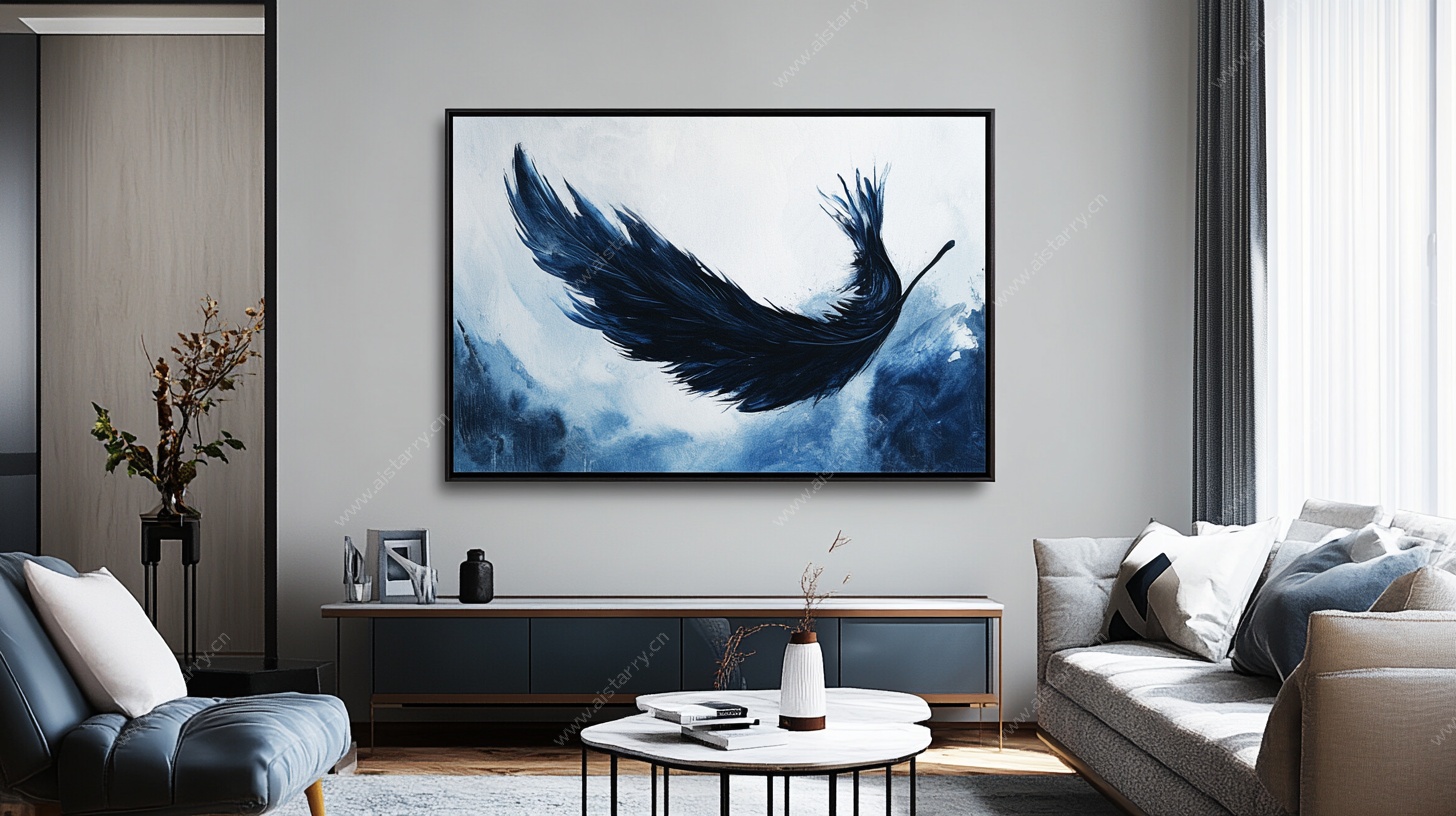 现代客厅中的羽毛艺术挂画