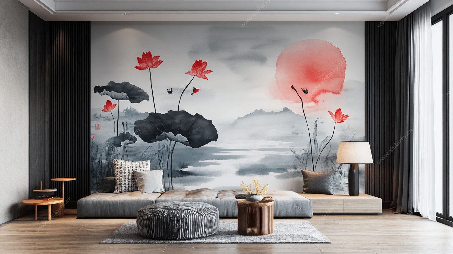 中式水墨荷花风客厅背景墙