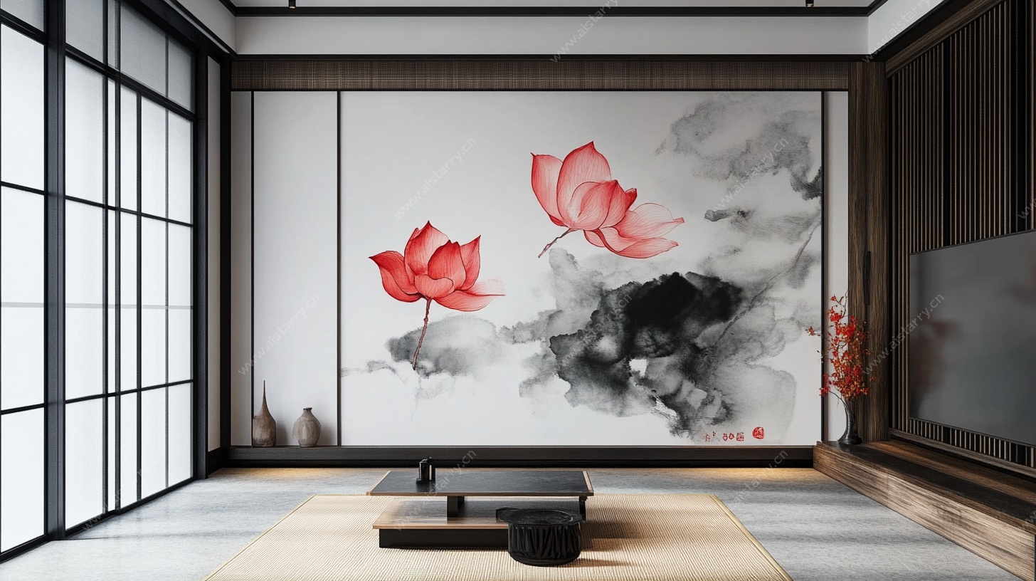 中式水墨荷花客厅背景墙