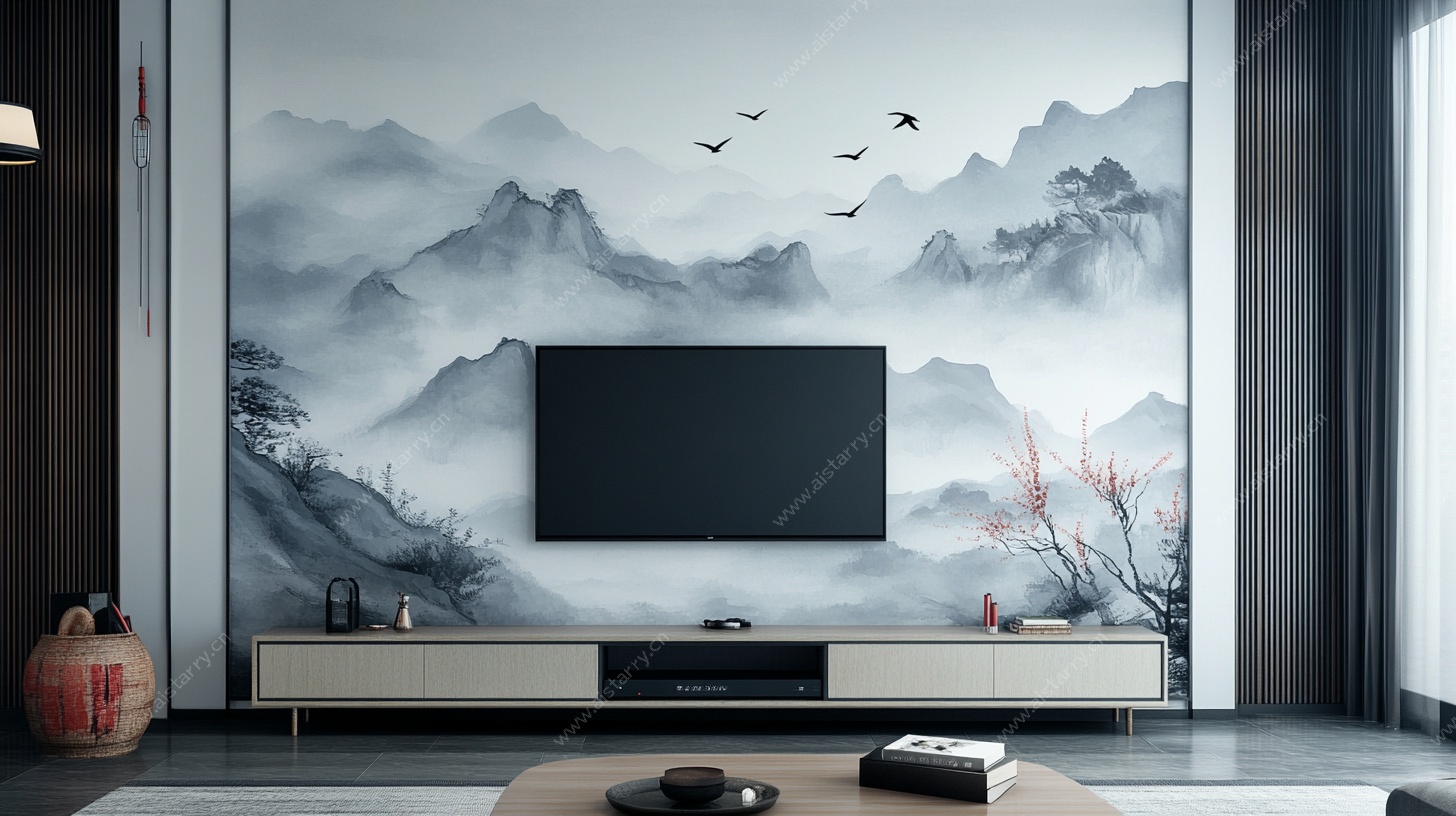 中式山水风客厅电视背景墙