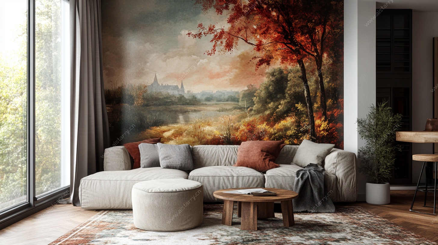 秋日风景壁画的温馨客厅