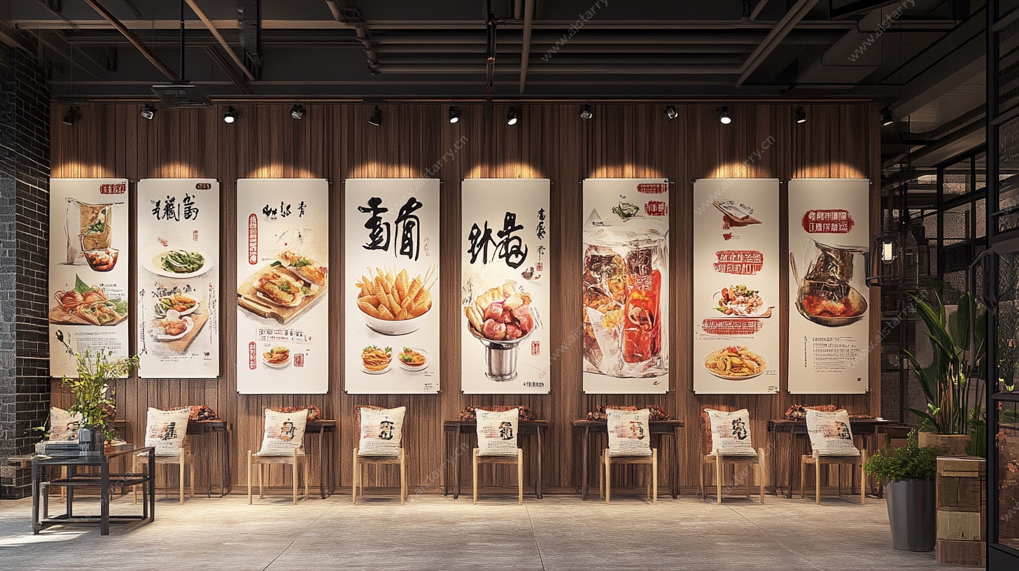 中式餐厅墙面美食海报展示
