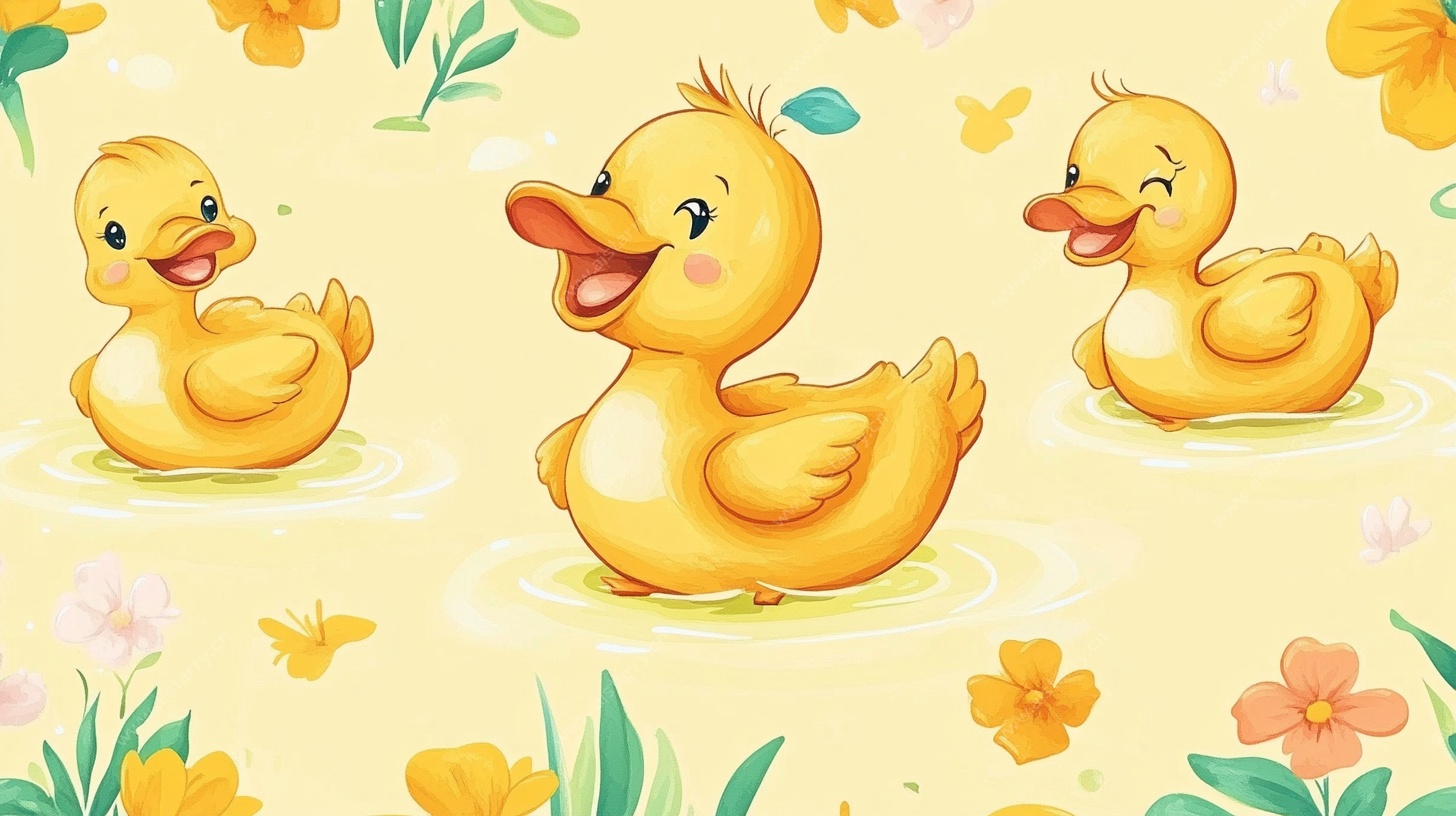 三只小黄鸭在花丛中戏水