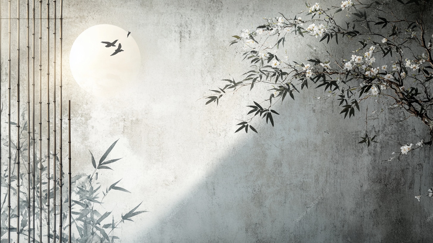 月夜竹影飞鸟中式意境图