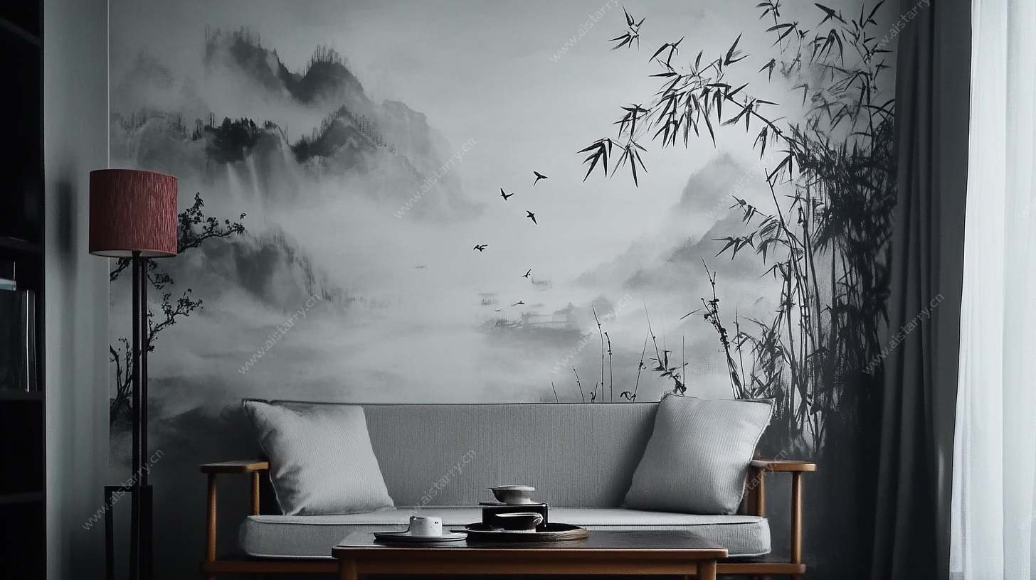 中式山水风客厅沙发背景墙
