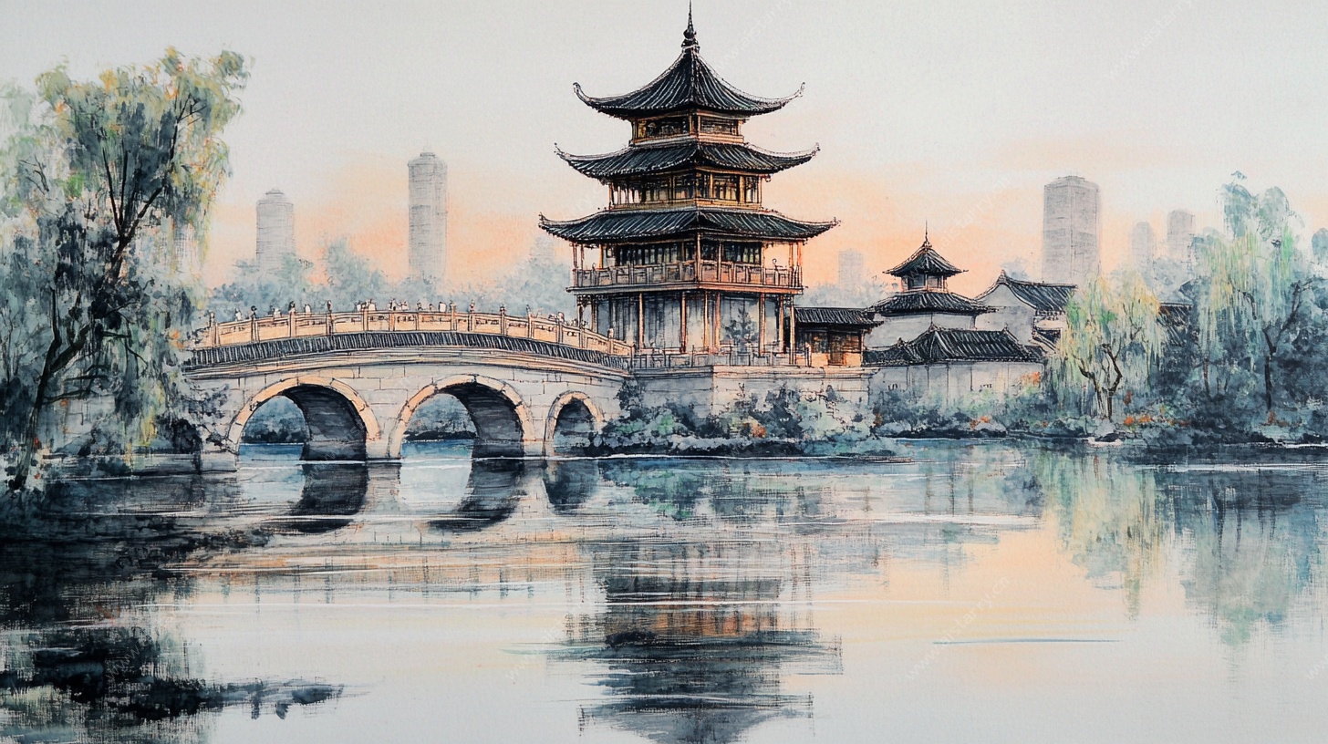 古风湖畔楼阁桥景图