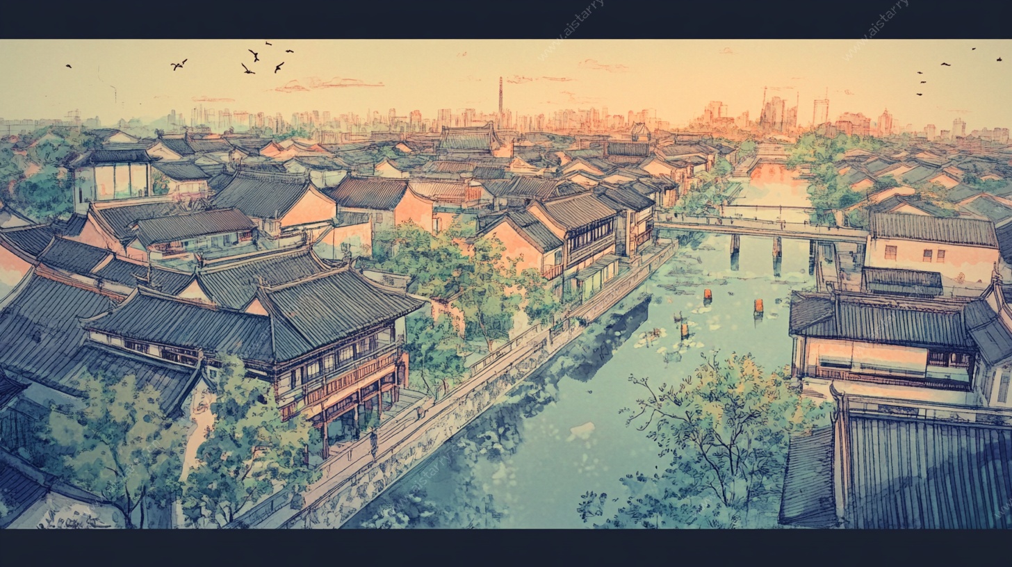 古风水乡城镇鸟瞰图