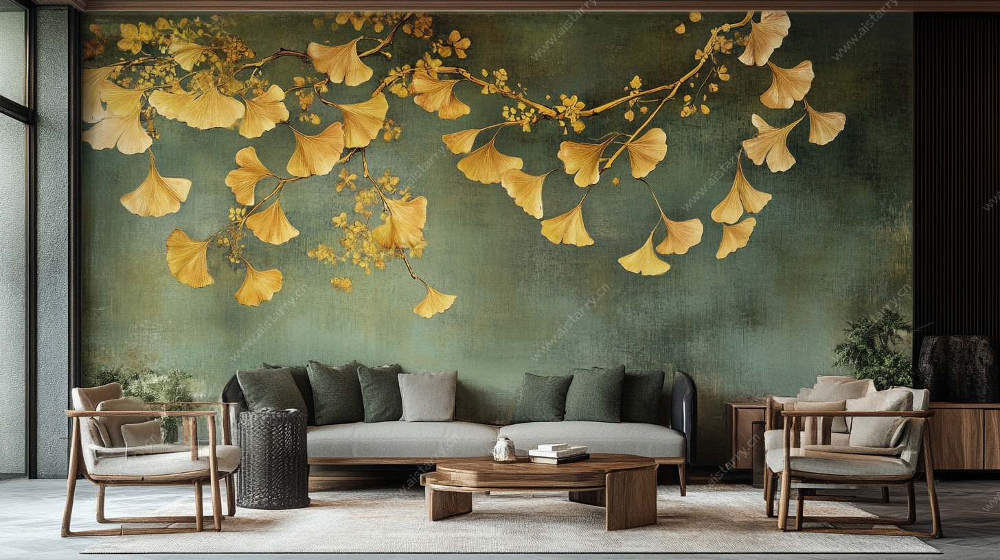 银杏叶中式客厅背景墙