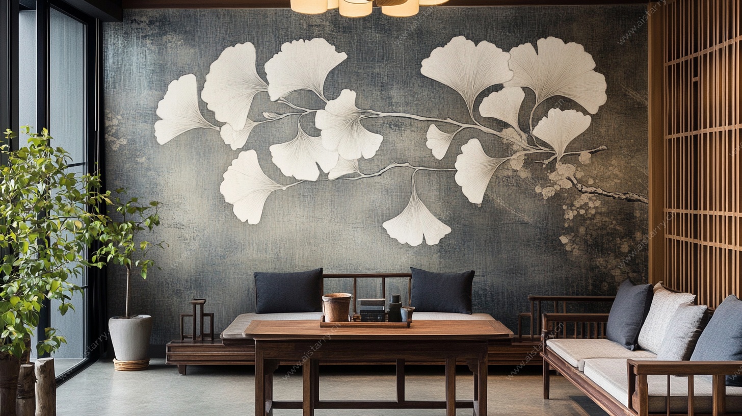 中式银杏壁画室内休闲区