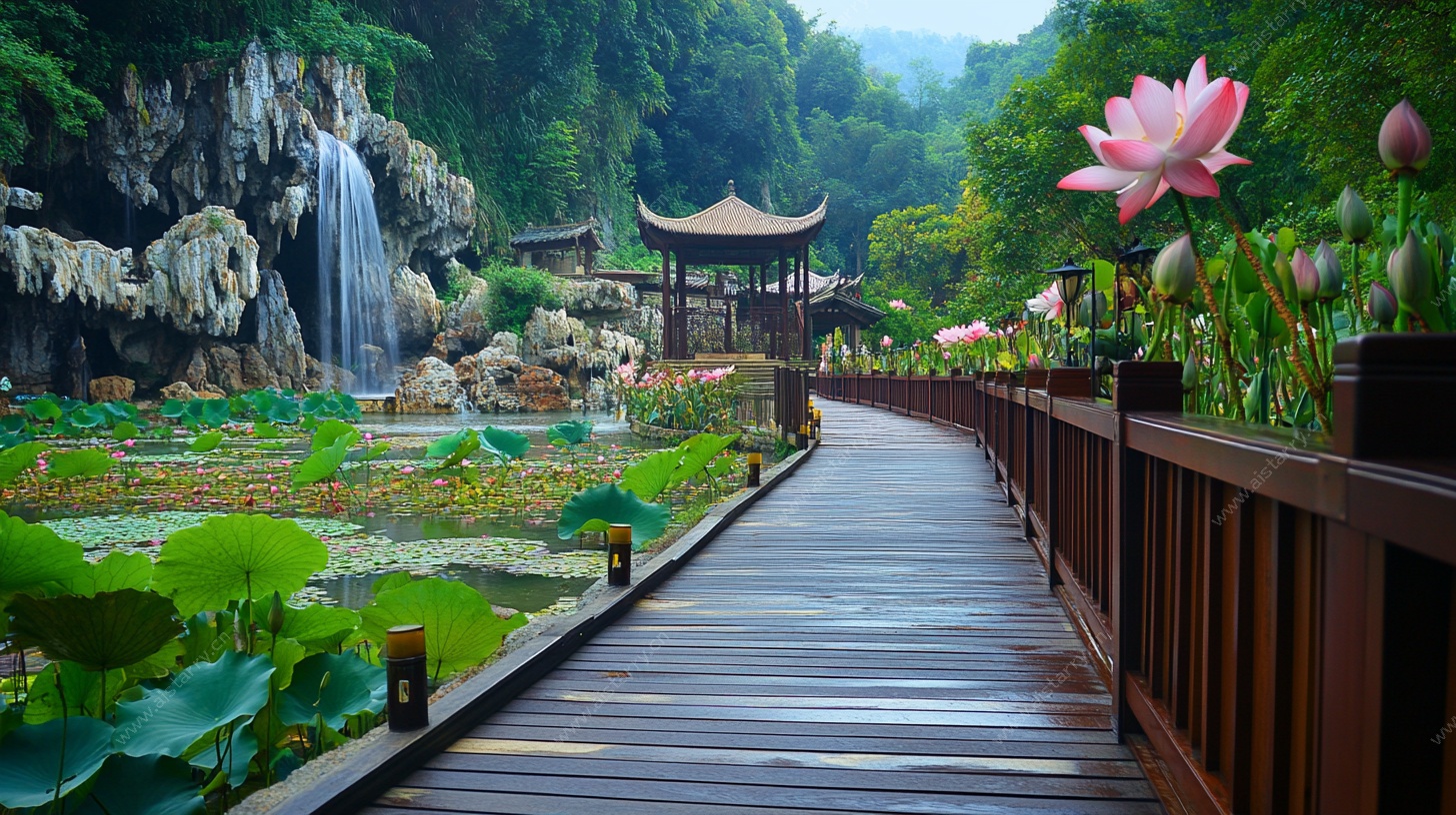 中式园林水景木栈道美景