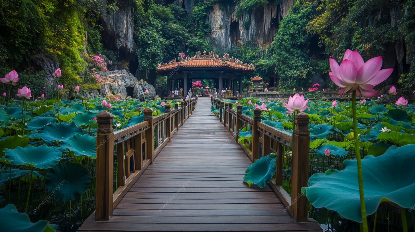 荷花木桥间的中式园林景