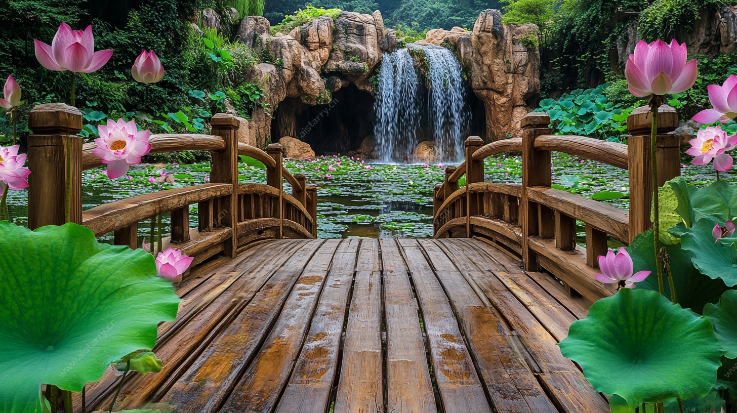 木桥荷花间的清幽瀑布景