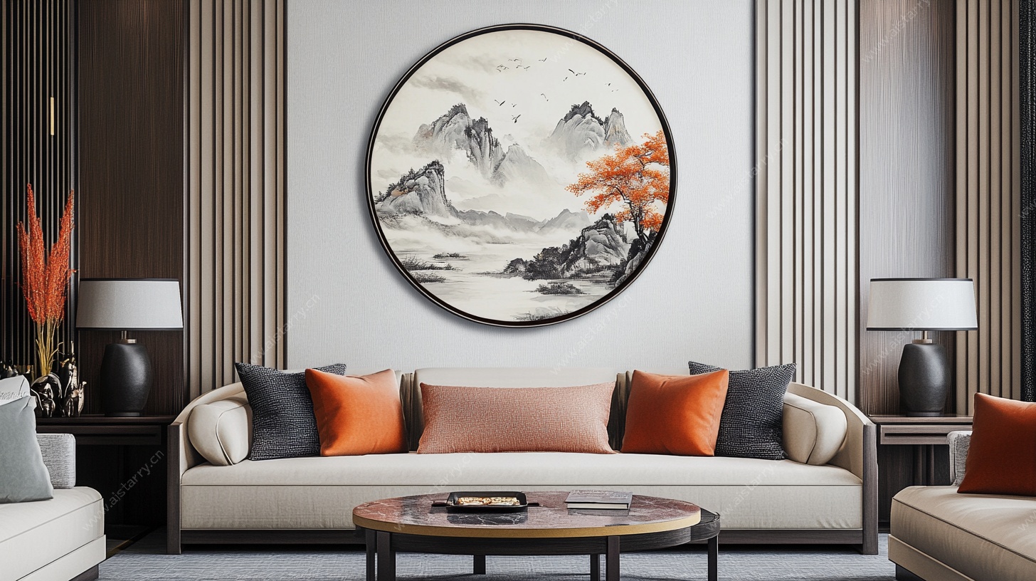 中式客厅圆形山水装饰画