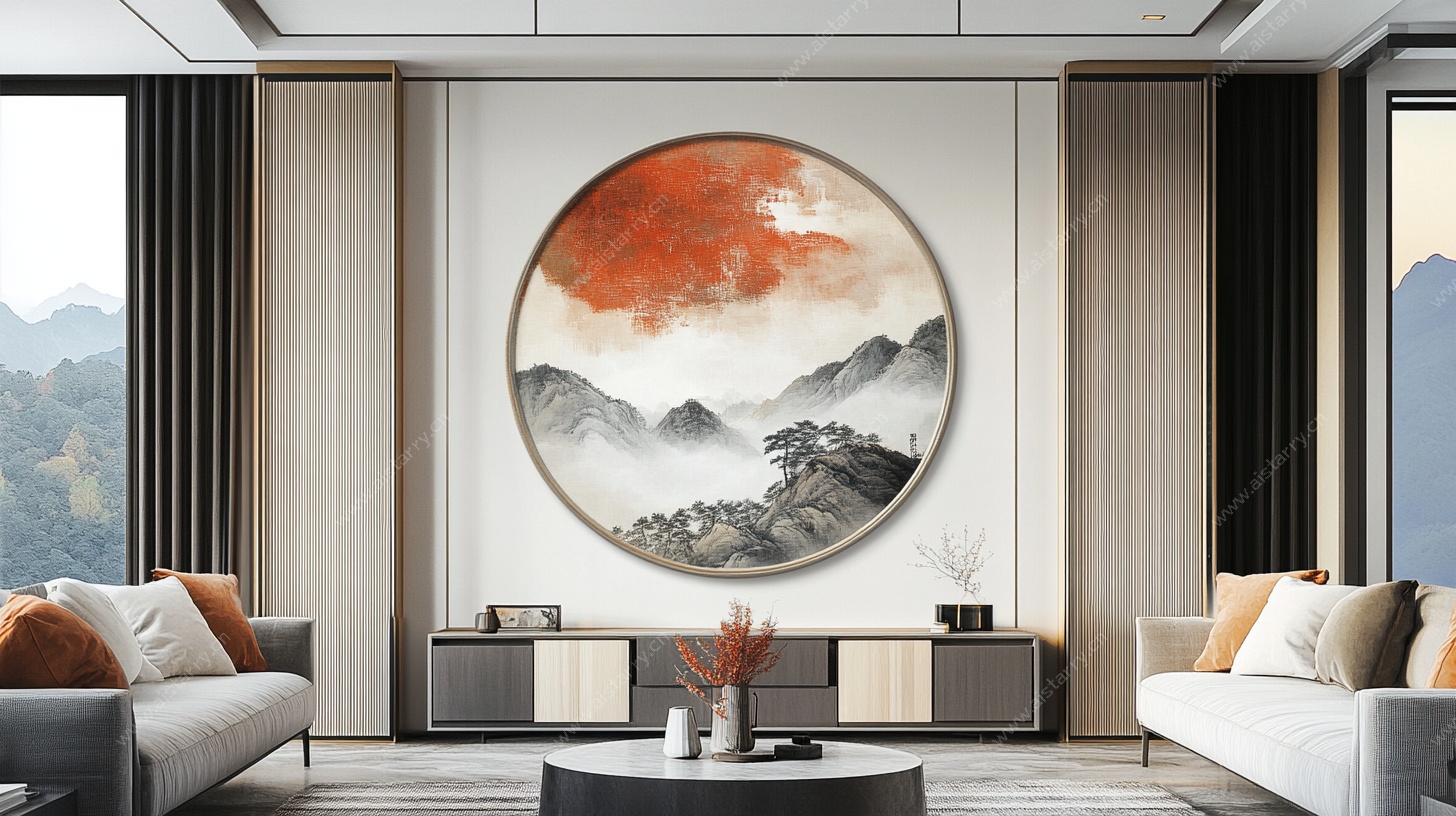 中式客厅圆形山水装饰画