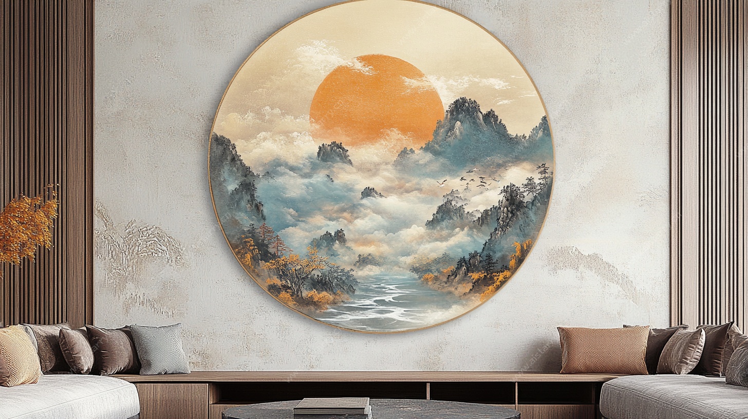 中式圆形山水客厅装饰画
