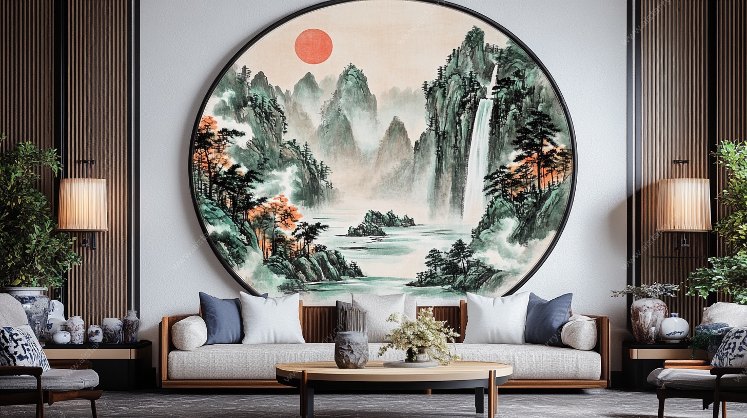 中式客厅圆形山水装饰画