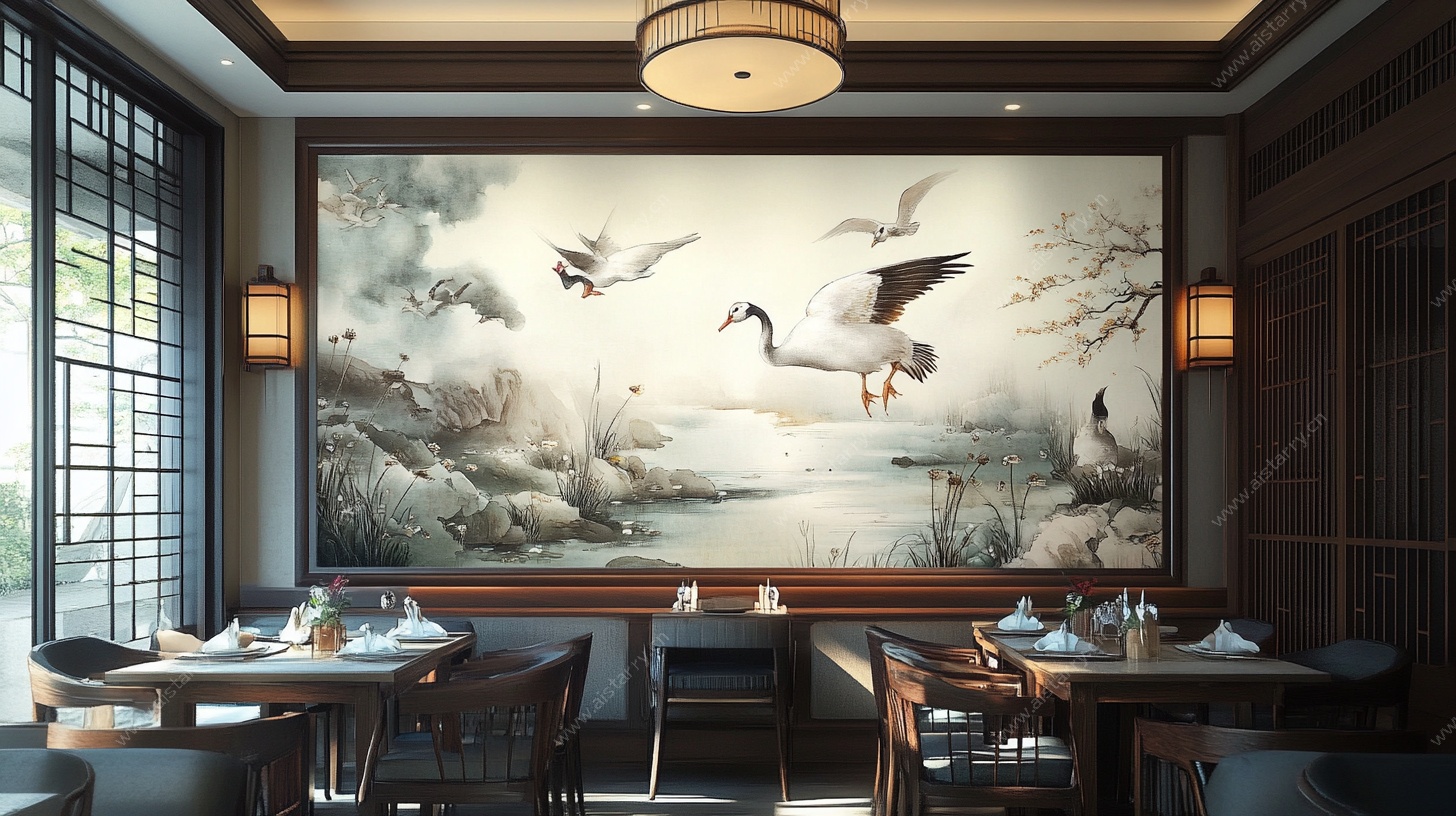 中式餐厅内的飞鸟壁画场景
