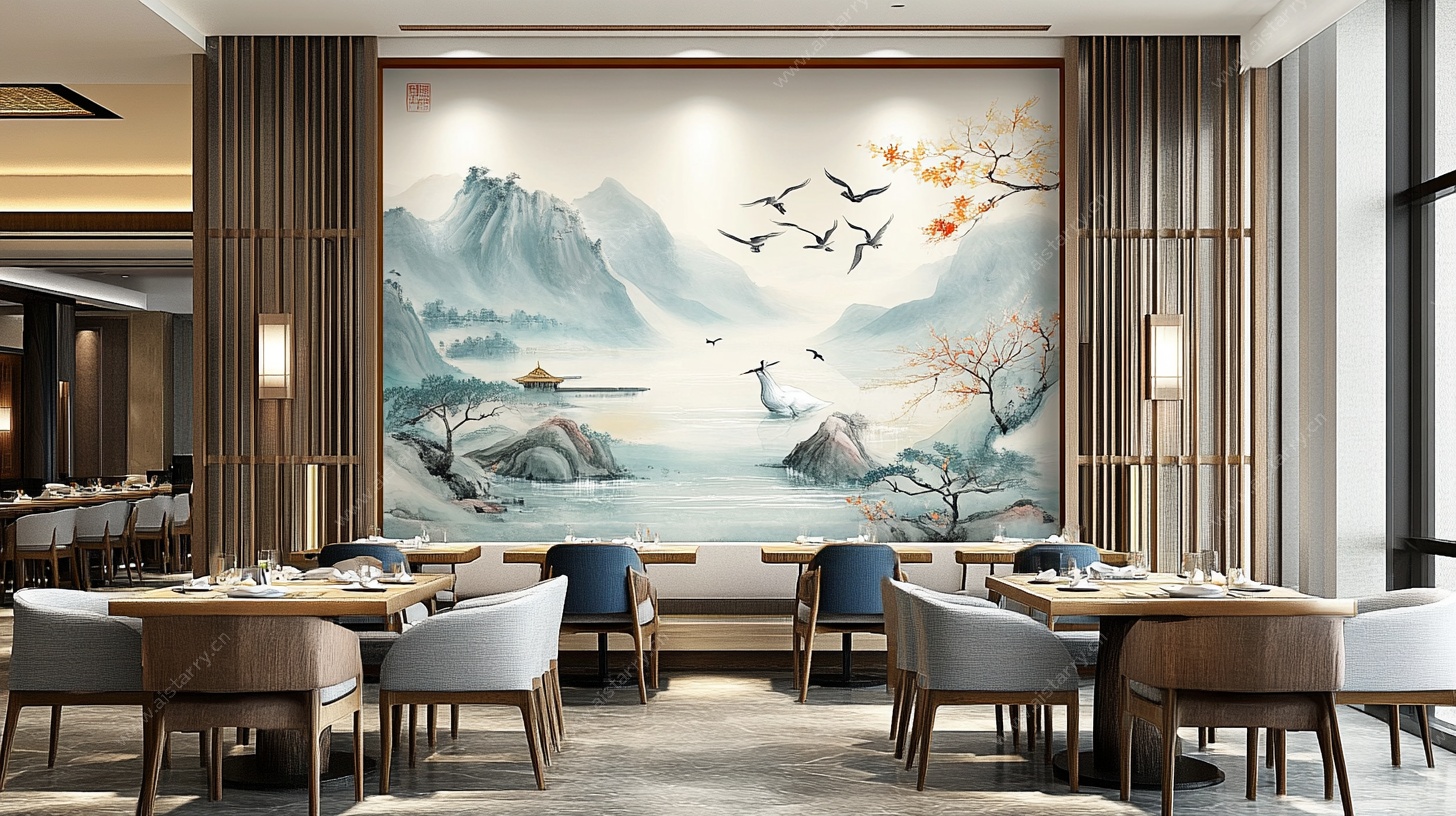 中式餐厅山水壁画用餐区
