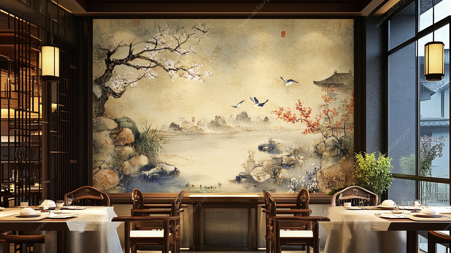 中式餐厅内的山水壁画装饰