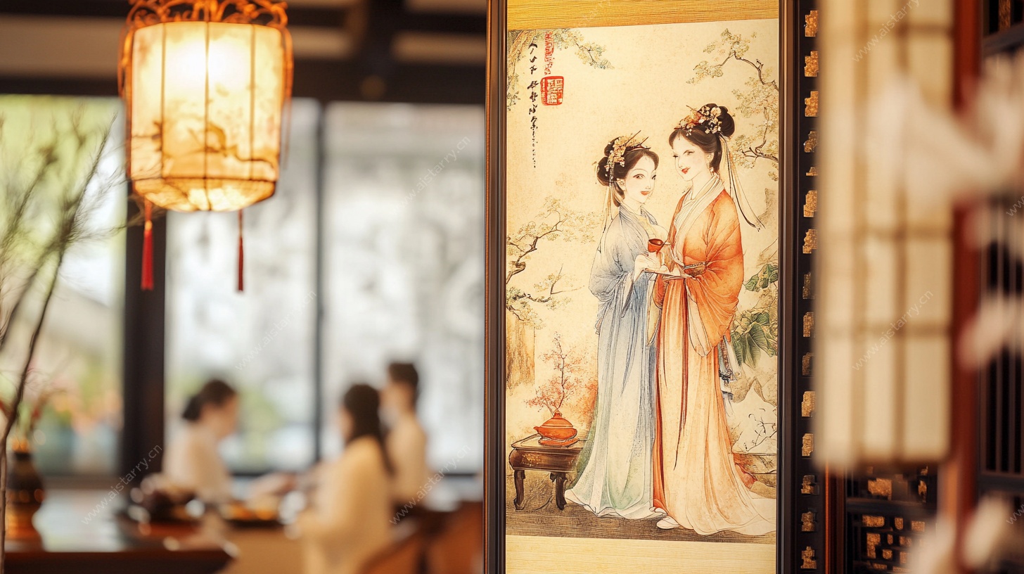 古风室内的古典仕女挂画