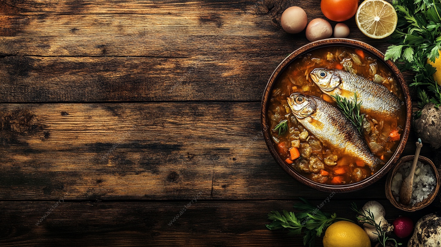 木桌上的美味炖鱼料理