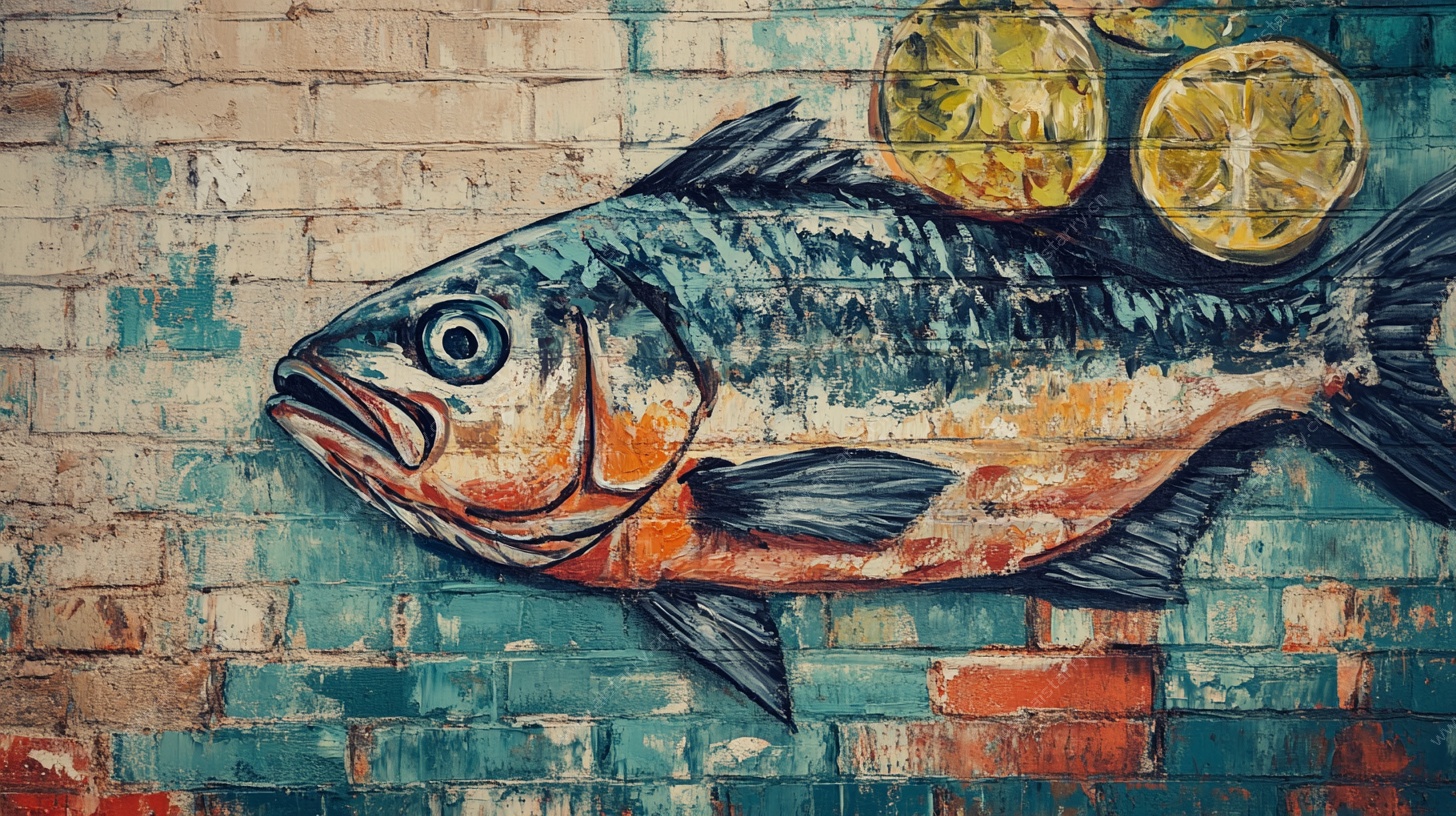 砖墙绘鱼与柠檬装饰画