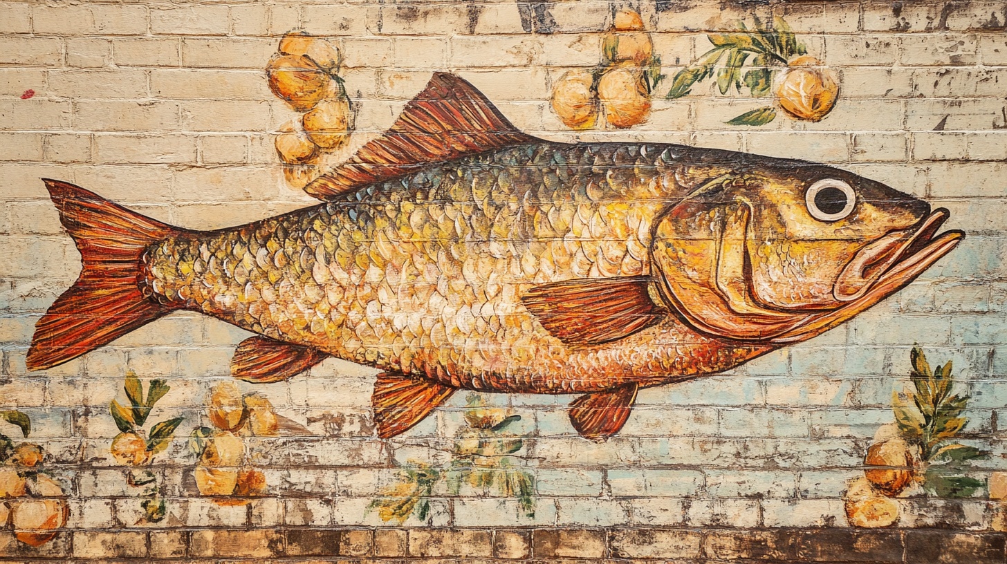 砖墙上的彩色大鱼壁画