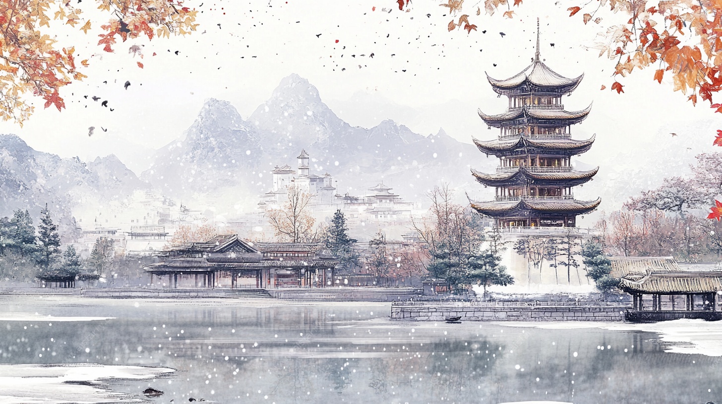 雪中古风楼阁山水景
