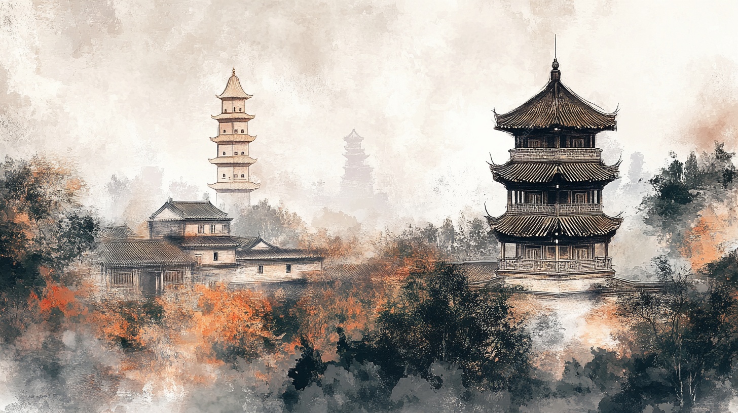 水墨中式古建筑秋景图