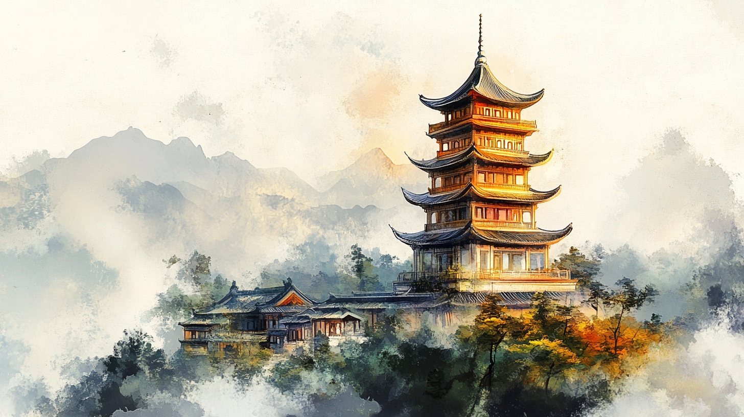 水墨风格中式宝塔山水图