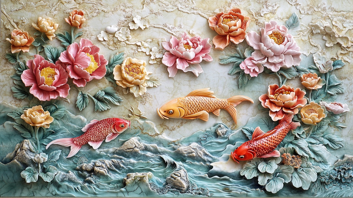 牡丹锦鲤浮雕艺术作品