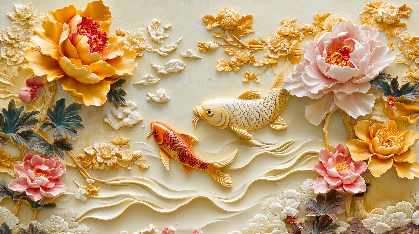 牡丹锦鲤浮雕艺术装饰图