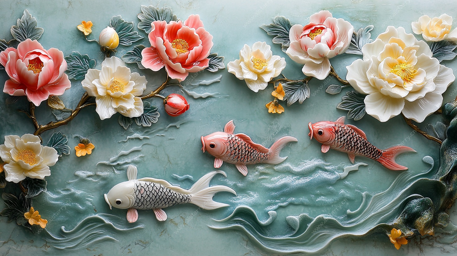 玉雕锦鲤牡丹图