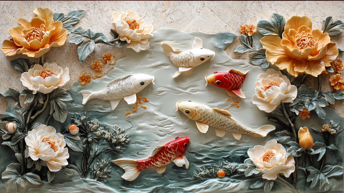 浮雕锦鲤牡丹装饰艺术