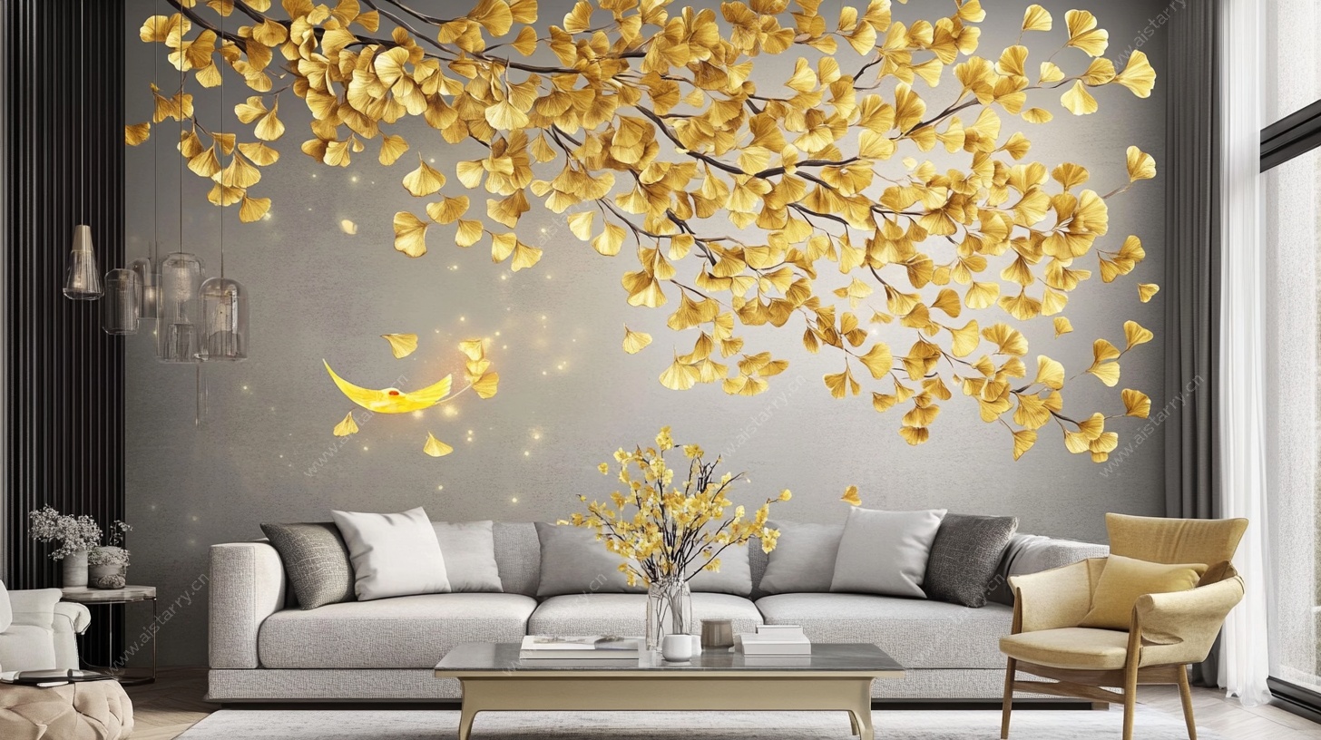 银杏叶背景墙客厅装饰图
