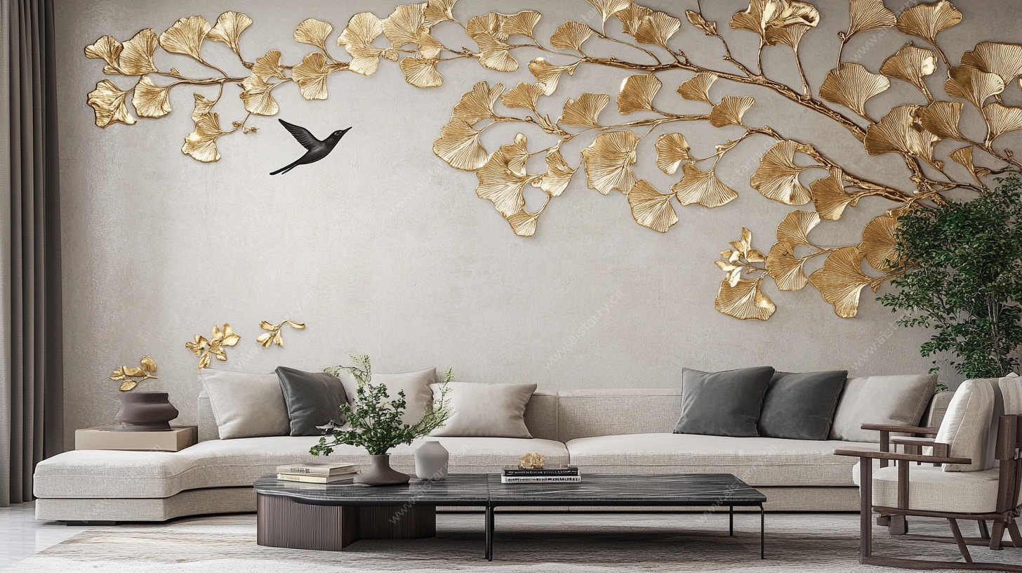 金色银杏墙饰客厅场景