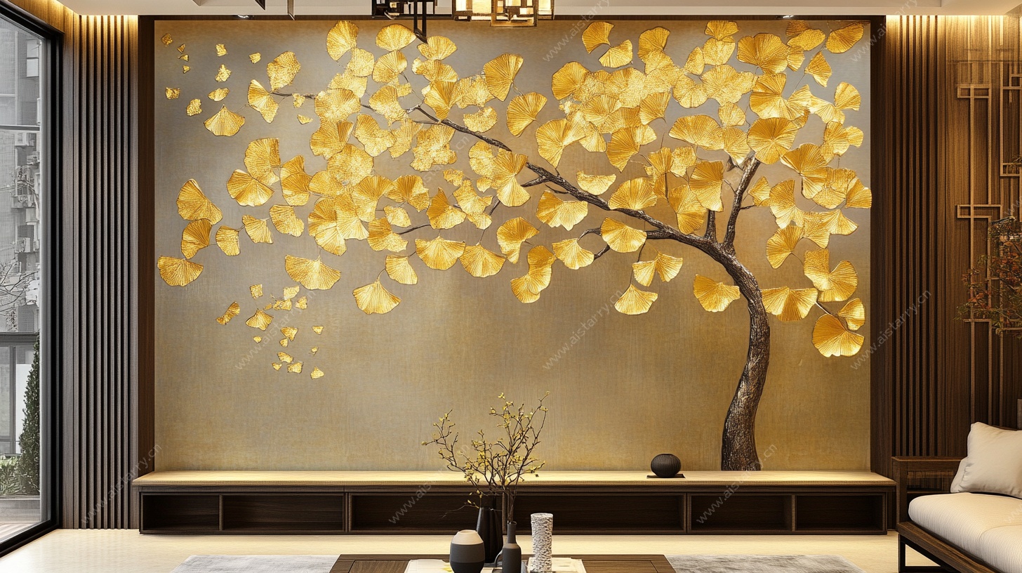 金色银杏背景墙装饰画