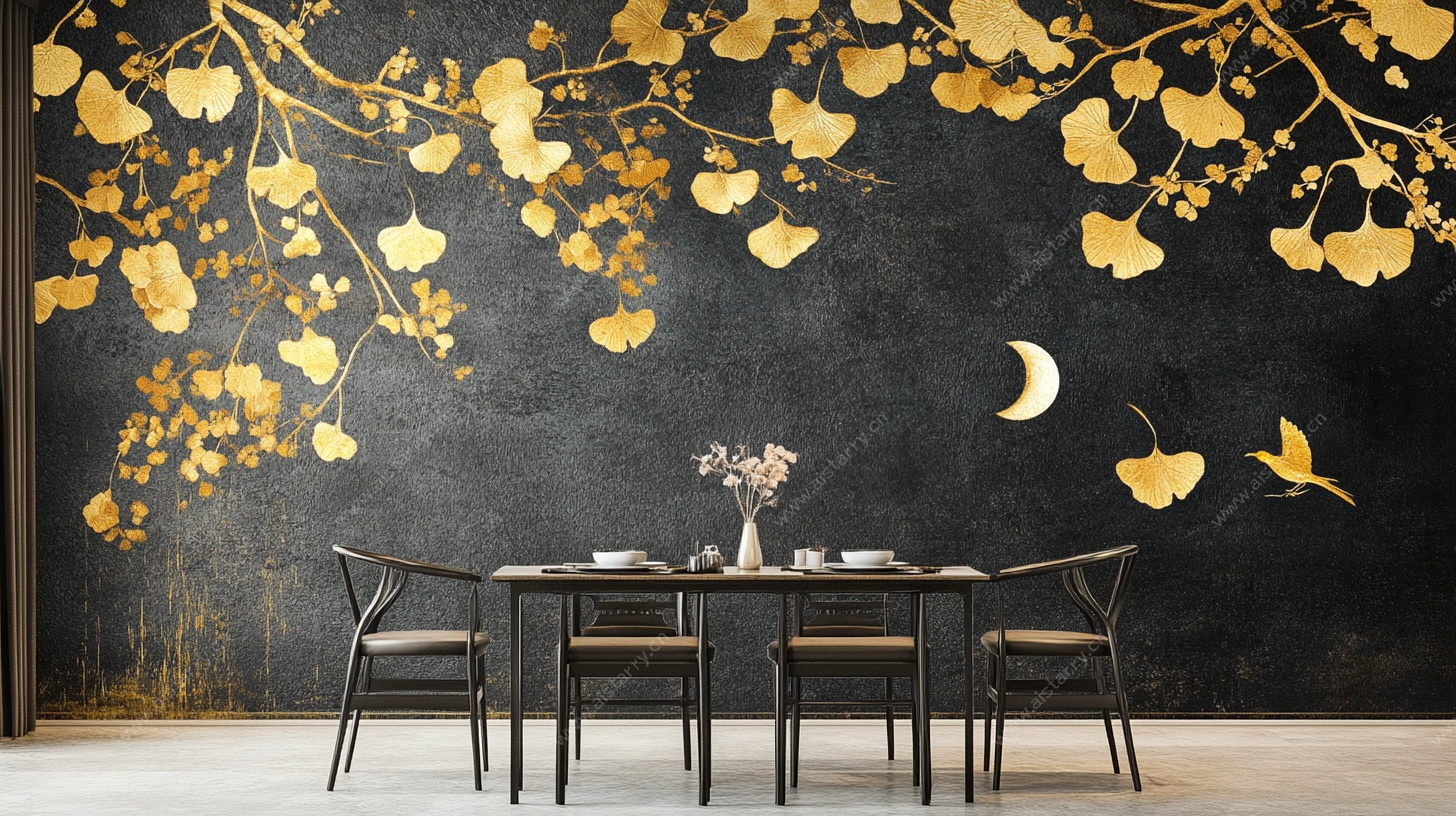黑金银杏中式餐厅背景墙