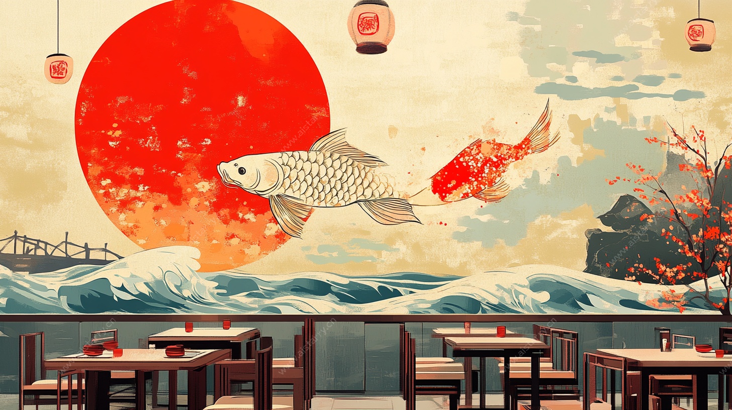 日式餐厅背景墙 锦鲤红日图