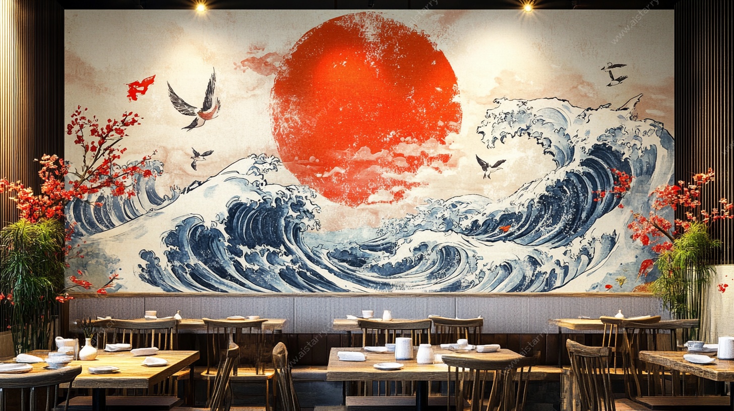 日式海浪红日餐厅壁画