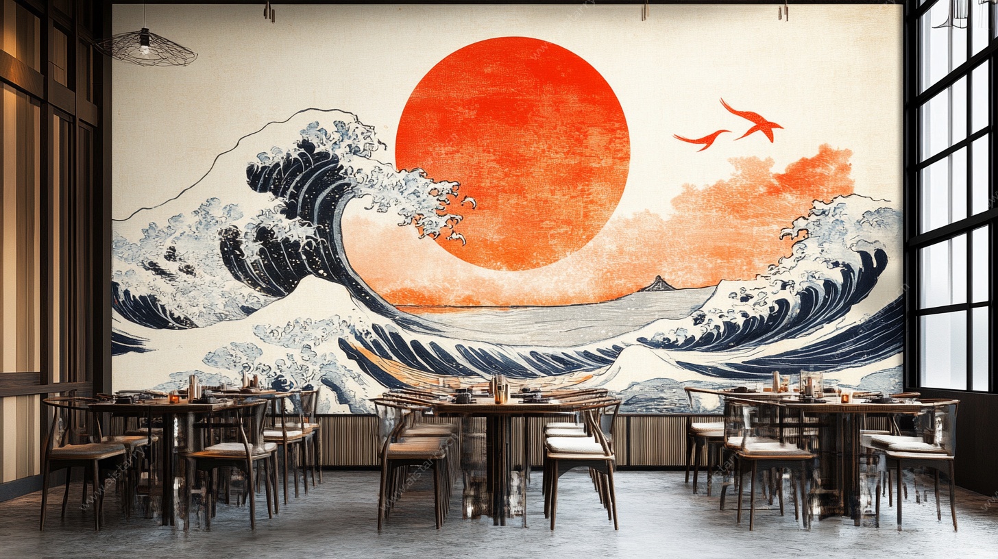 日式海浪红日餐厅壁画