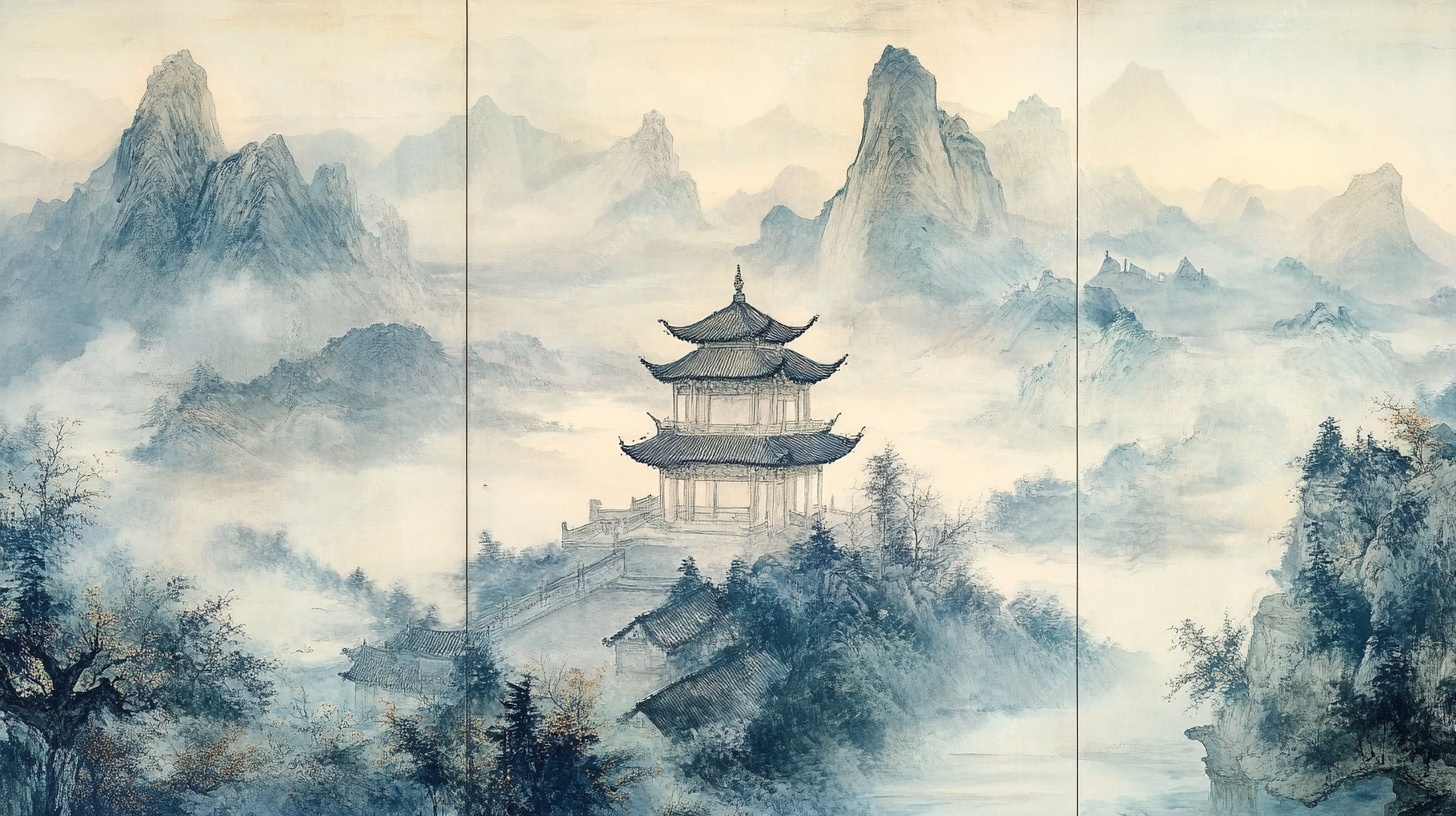 水墨山水间的古典楼阁
