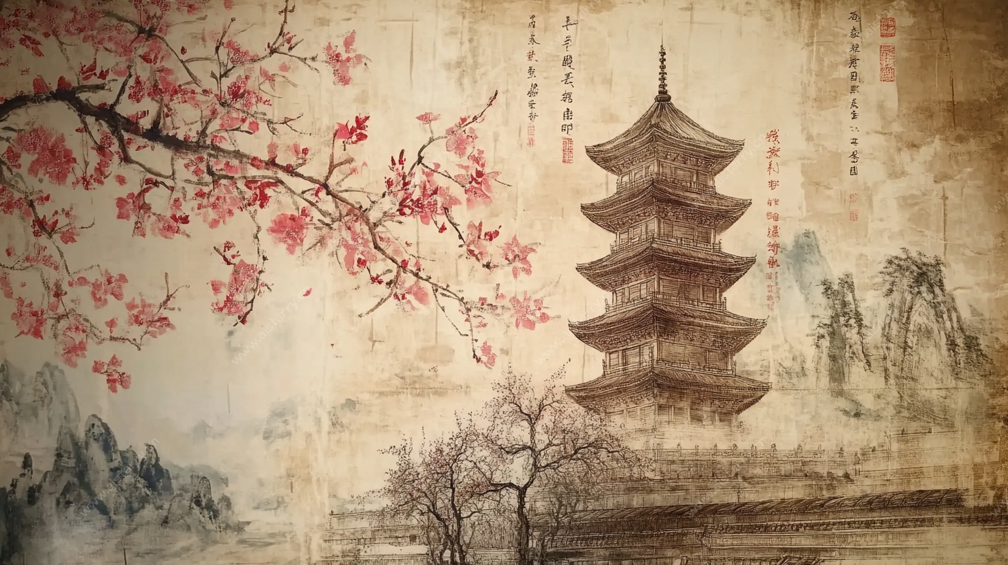 古风楼阁樱花背景图