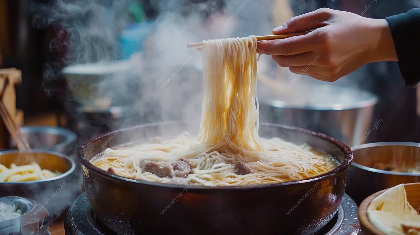 热气腾腾的手工拉面场景